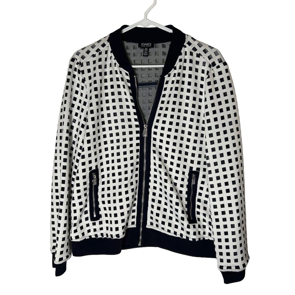Jones New York Womens Blue White Grid Mesh Bomber Jacket Size Medium Zip Front
